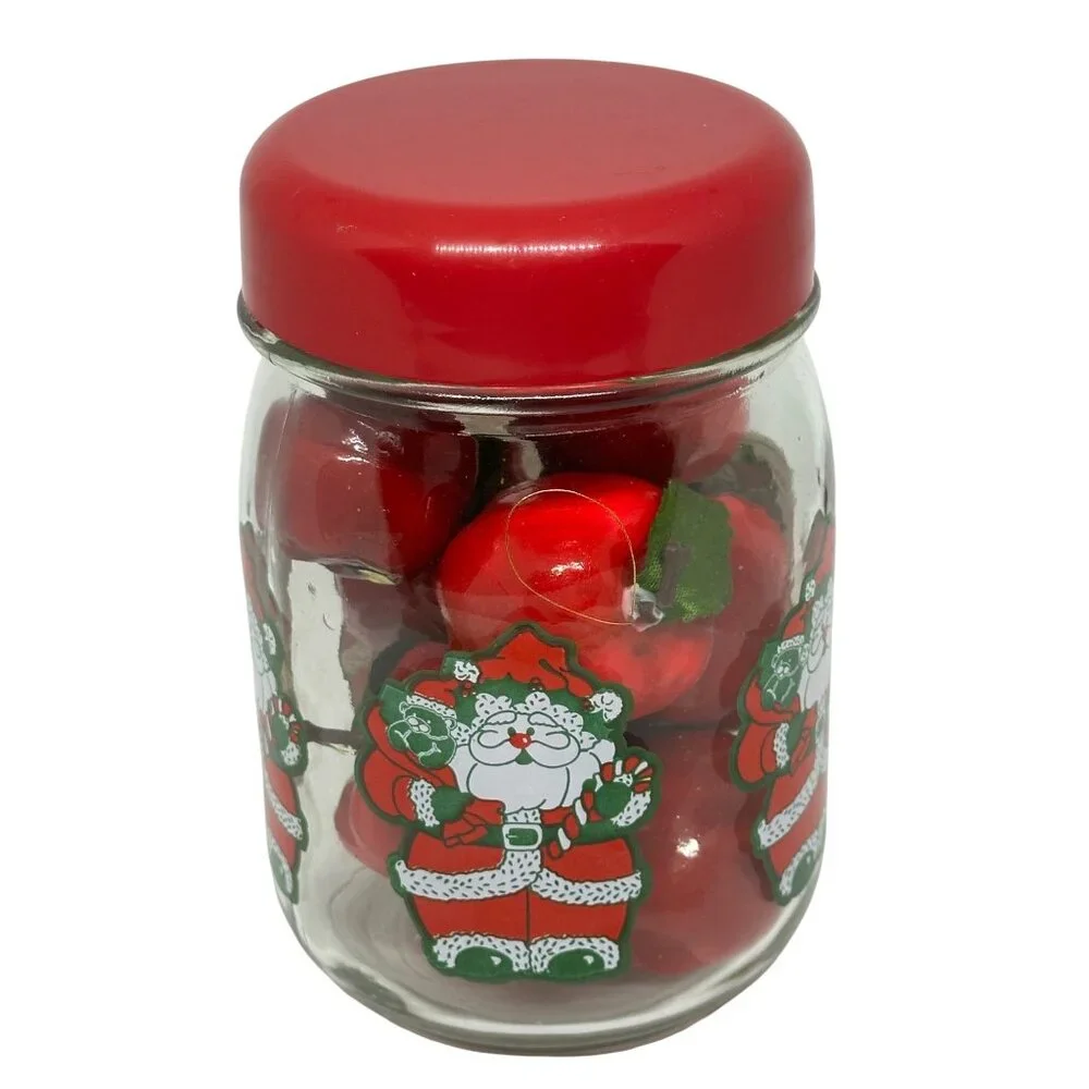 Vintage Christmas Apple Ornaments Santa Glass Jar Red Lid Holiday Tree Decor 8pc